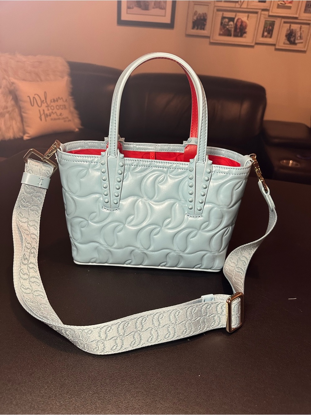 Christian Louboutin Cabata Mini Tote Mineral Blue Embossed Leather with Spikes